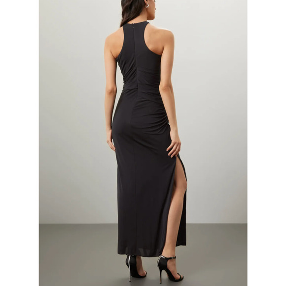 Halston Black Tank Gown Size 6 Cocktail Bodycon Halter Chic Maxi Dress $545 Flaw - Picture 3 of 10